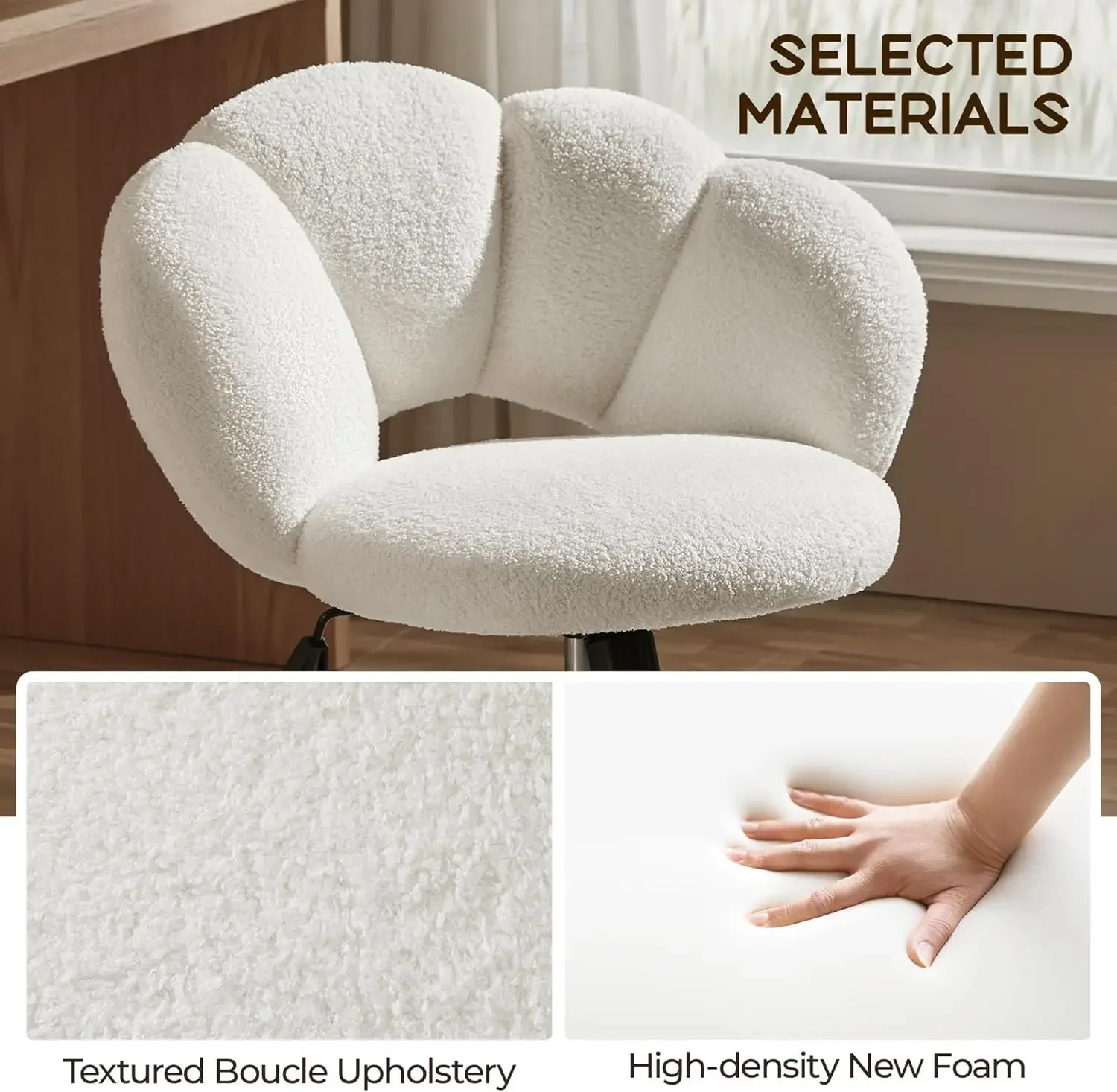 Boucle Upholstered Desk Chair Cloud-Shaped Vanity Adjustable Home Office Chair Computer  with Rolling Wheels