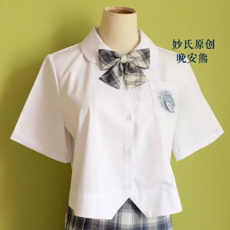 Bear Embroidery Shirt Cos JK Shirt Girl's School Top JK Shirt Short Sleeved Embroidered Top Summer Short Ball Collar Uniform