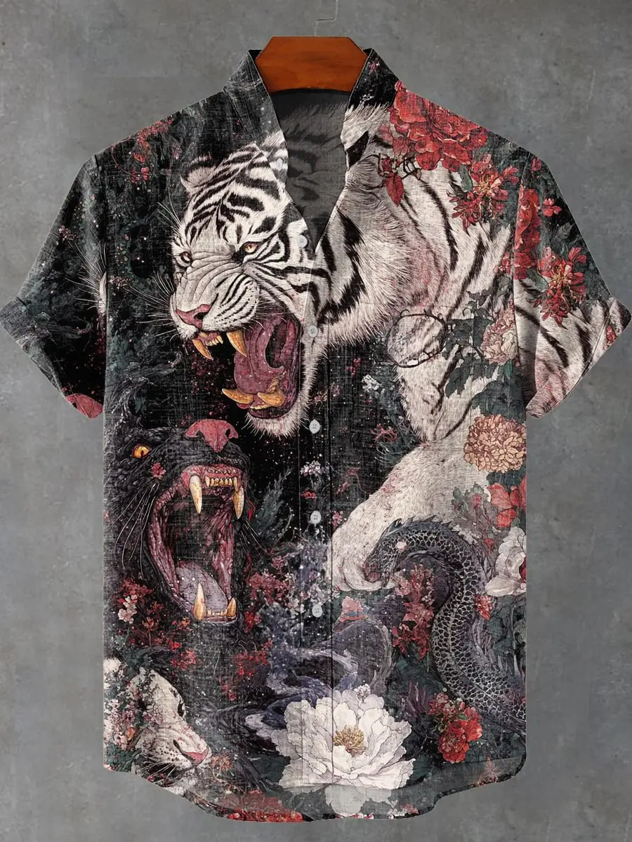 

Men's Linen Short Sleeve Social Shirt Daily 3D Animal Print Short Sleeve Top Tiger Shirt Casual Men's Clothing
