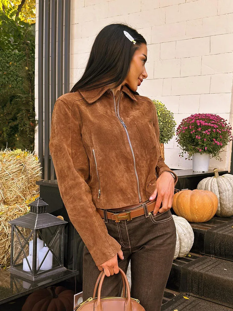 

HH Women Autumn Elegant Lapel Long Sleeves Short Jacket Female Fashion High Street Solid Casual Pocket Zipper Coats Mujer