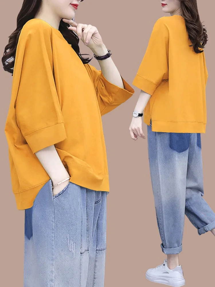 

Casual Half Sleeve Seven Piece Women's Top Bottom Set Spring Summer Fashionable Stylish Matching Two Piece Cotton round Neck