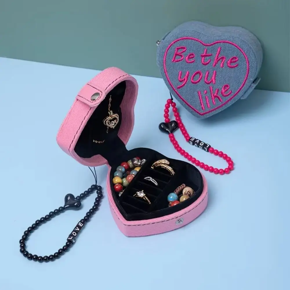 Heart Shaped Jewelry Ring Storage Box Retro Style Pure Color Cosmetic Bag Embroidered With Strap Mini Jewelry Box Earrings