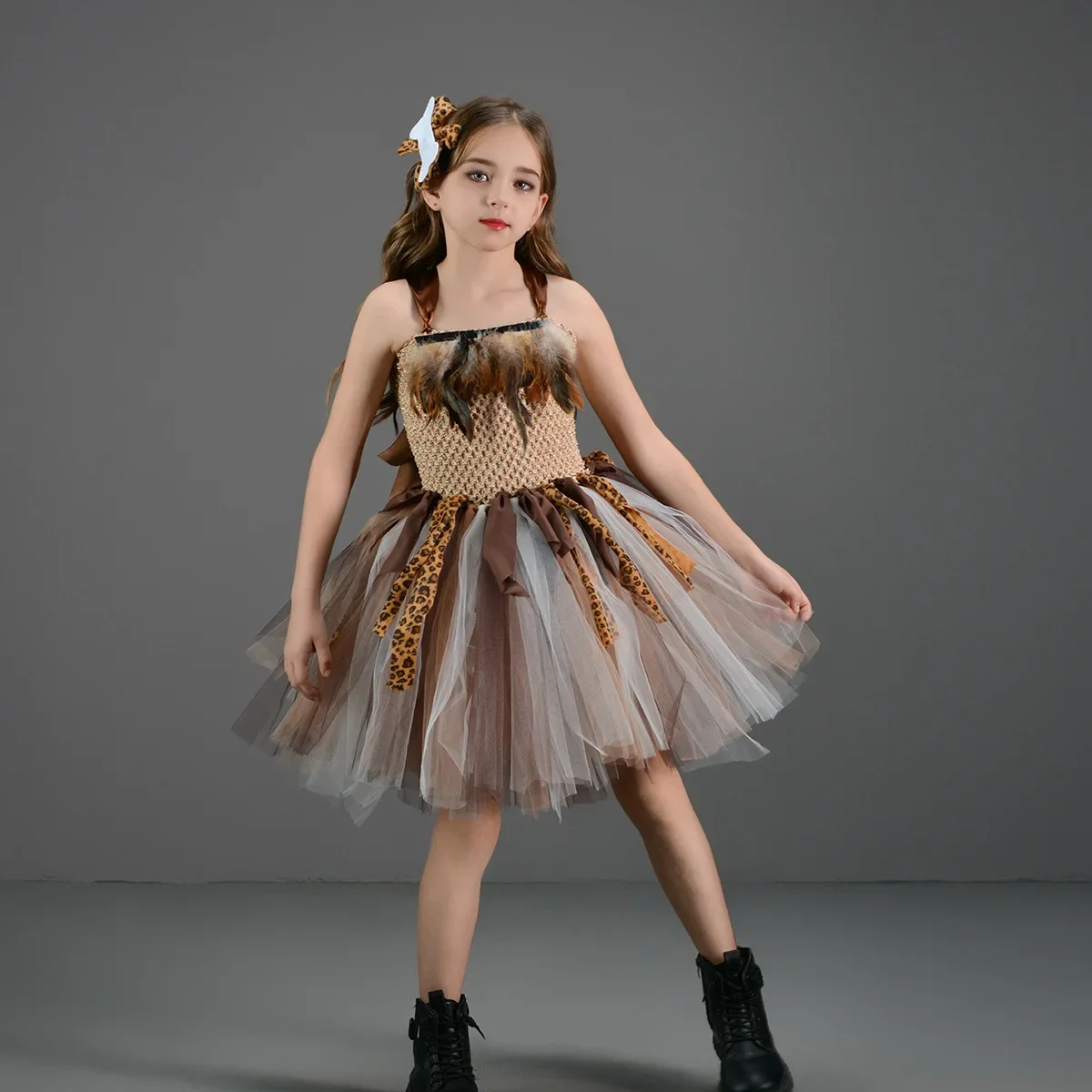 Cave Leopard Girl Tutu Dress Wild Man Indigenous Primitive Person Animal Kid Baby Cosplay Birthday Jungle Party Dresses Costume