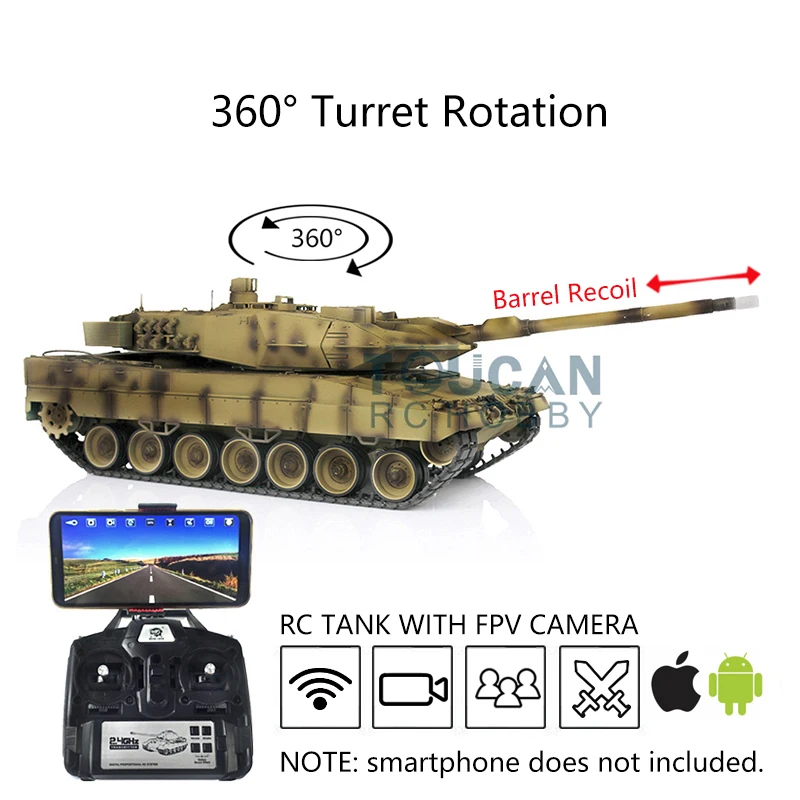 1/16 HENG LONG RC Tank 3889 7.0 Upgrade FPV Leopard2A6 360° Turret Barrel Recoil Toys For  Boy TH17660-SMT4