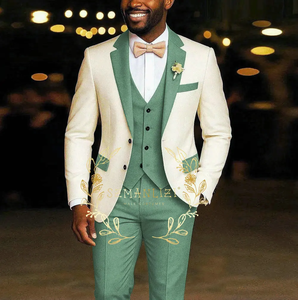 Ivory Men's Suit Costumes 3 Pieces Blazer Light Green Vest Pants Wedding Tuxedos Formal Male Suit for Wedding Groomsmen Prom