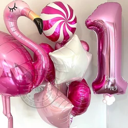 1set Hawaiian Party Flamingo Foil Balloon 32inch Rose Red Digital Balloon 1 Year Birthday Party Decoration Wedding Baby Shower