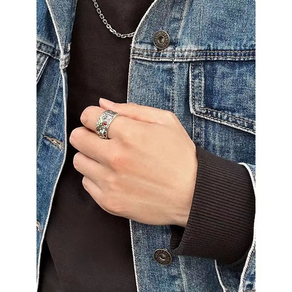 925 pure silver dragon playing with pearls men's ring retro China-Chic domineering personality opening old ring luxury