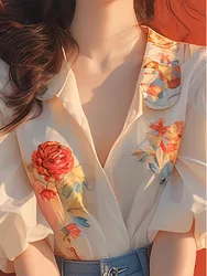 This Year'S Popular French Style Pretty Little Shirt 2024 New Women'S Clothing Summer White Floral Bubble Sleeve Top Shirt