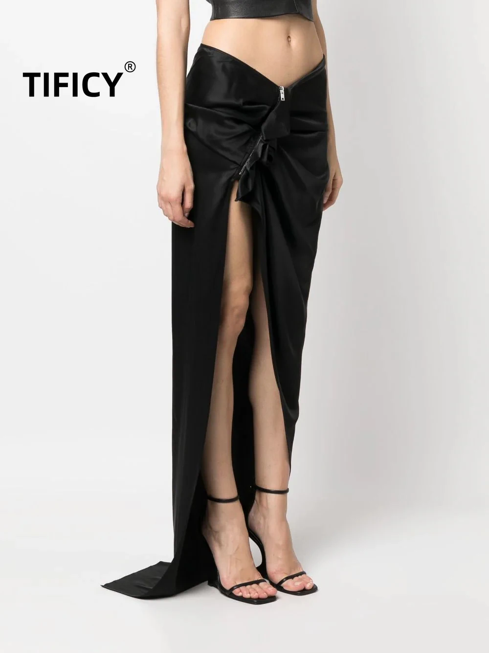 

TIFICY High Street Dark RO Women's Spring and Summer Fashion Show Same Diagonal Zipper Pleated Slit Floor Length Long Skirt