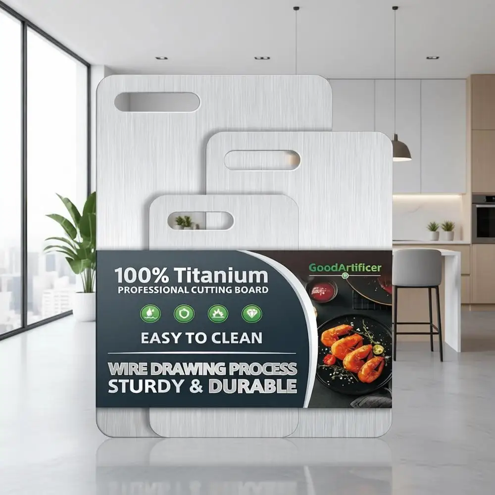 

Набор из трех двусторонних разделочных досок из 100% чистого титана, нетоксичные, с ручками, можно мыть в посудомоечной машине, для нарезки мяса и измельчения.