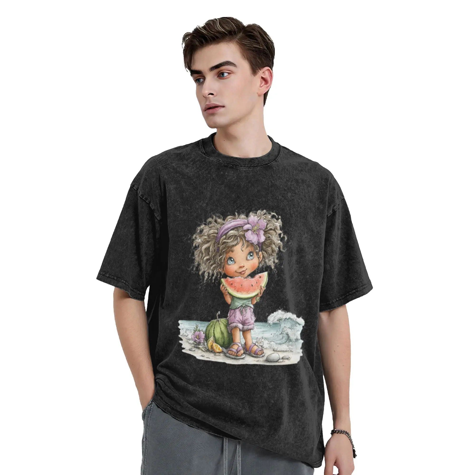 Cute girl eating mellon on the beach - whimsical design Classic A T-Shirt Oversized Short Sleeve Men's Women's Cotton Tees Tops