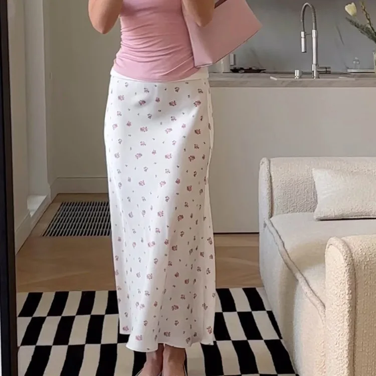 Spring and Autumn Leisure Commuting Travel Satin Pendant Flower Printed Temperament Waist Skirt for Women
