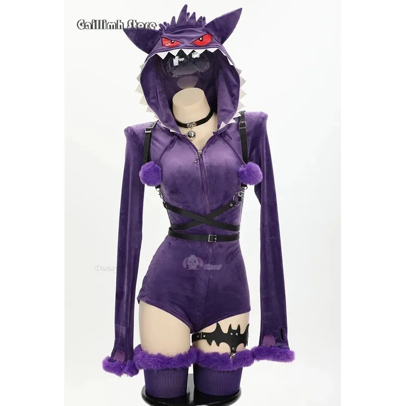 

2025 11 Women Ghost Cosplay Costume Halloween Purple Sexy Romper Bodysuit Plush Hooded Socks with Belt and Tail
