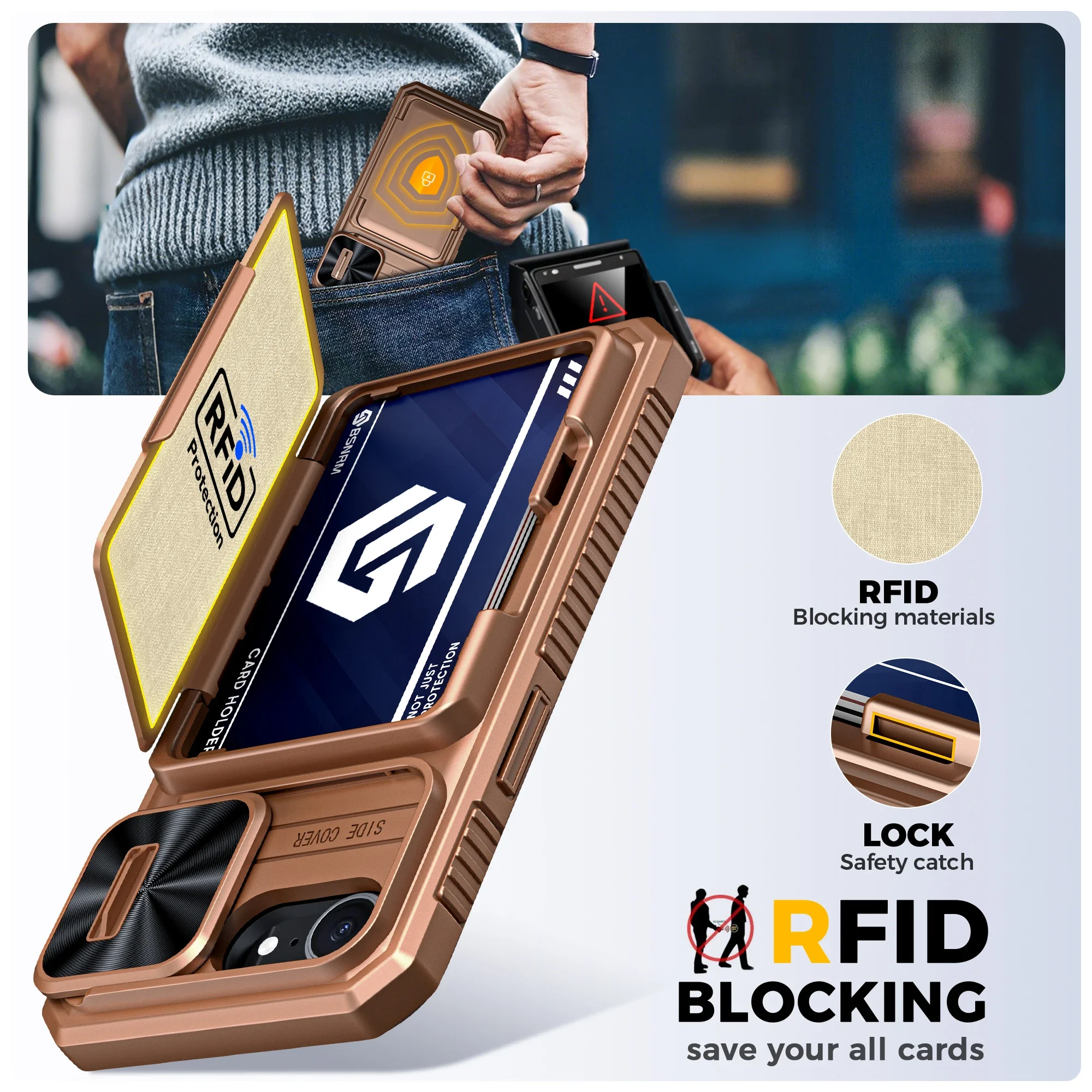 هدايا الهالوين، حامل بطاقات محفظة RFID، غطاء كاميرا، جراب هاتف واقٍ متين مقاوم للصدمات لهاتف iPhone 16 E-Gold