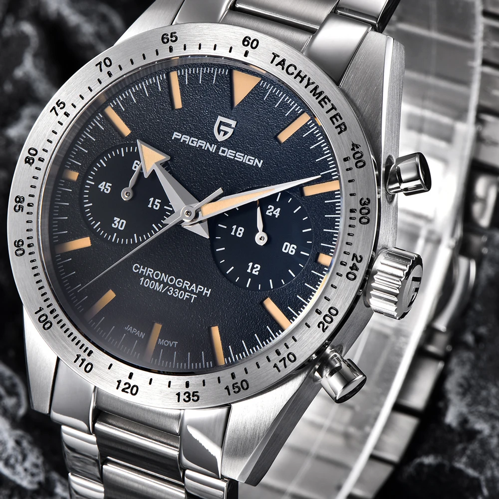 PAGANI تصميم العلامة التجارية الكوارتز الفاخرة هدية صندوق ساعة الفولاذ المقاوم للصدأ VK64 كرونوغراف الياقوت كريستال 100 متر مقاوم للماء ساعات رجالية