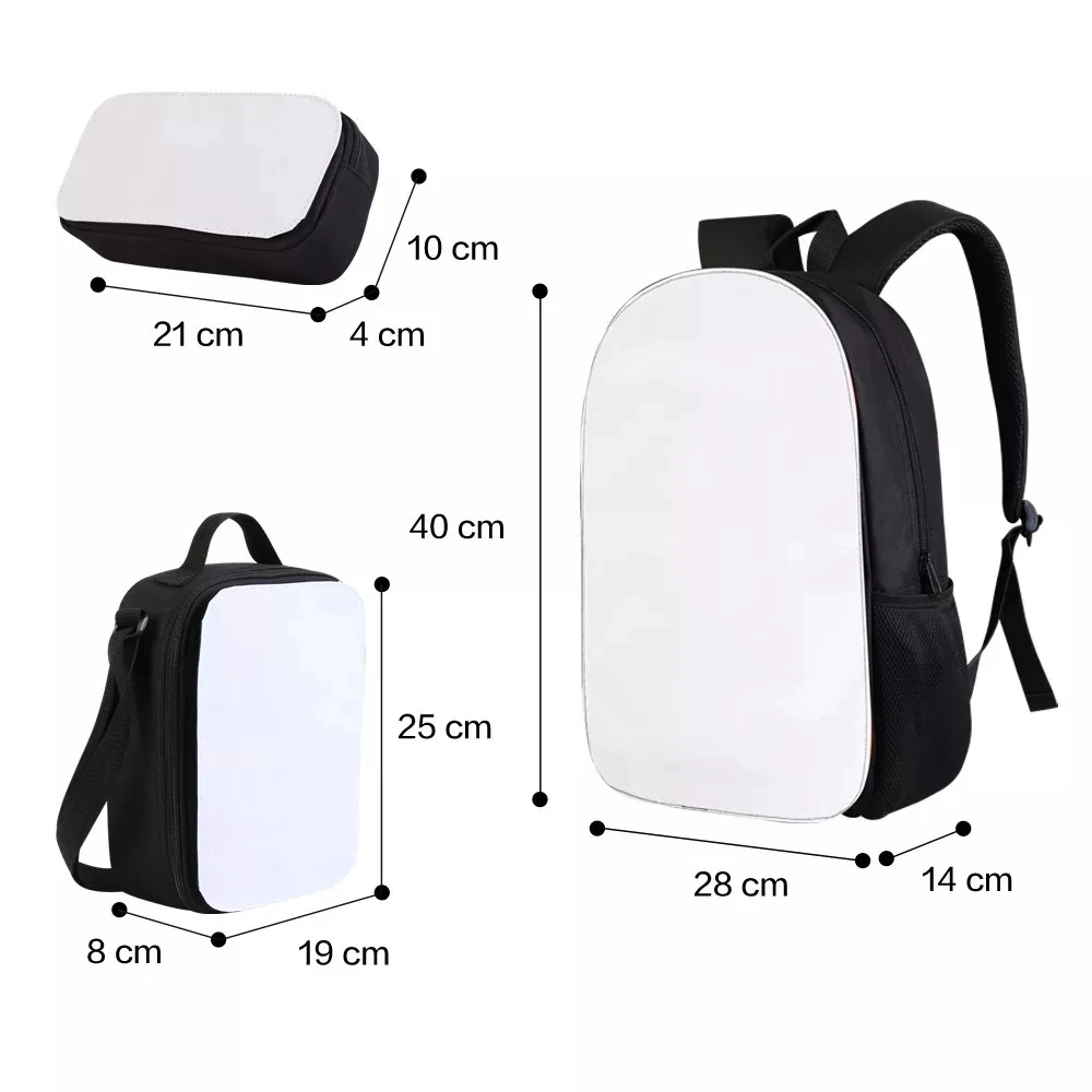 3PCS Set Borsa vuota per stampa a sublimazione Donne Immagine fai da te Zaino scolastico Bambini Moda Bookbag personalizzato Penbox Food Lunchbox