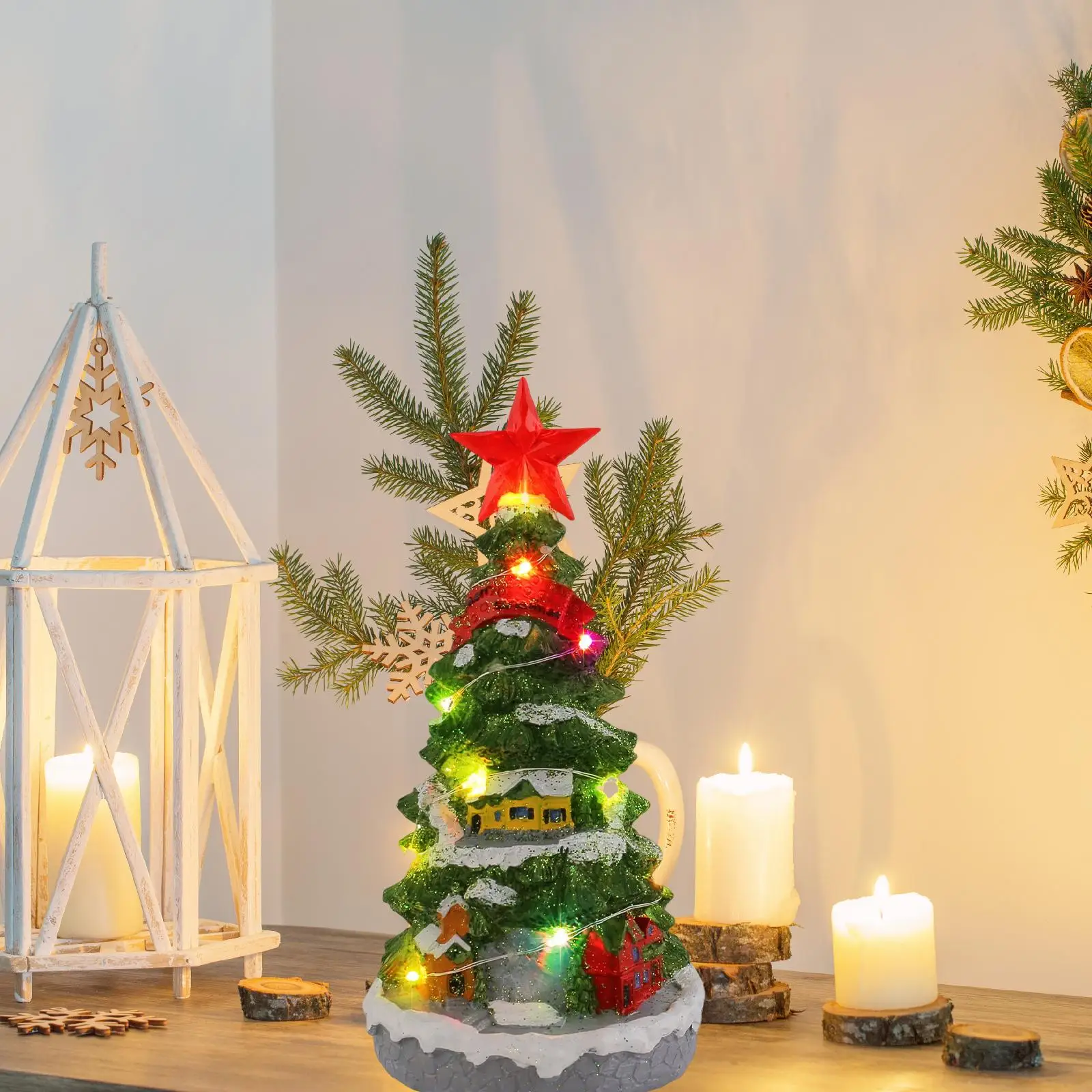 Light up Musical Mini Christmas Tree Figurine Centerpiece Home Decor Desk Star Topper Resin Collection Statue for Boys Girls Mom