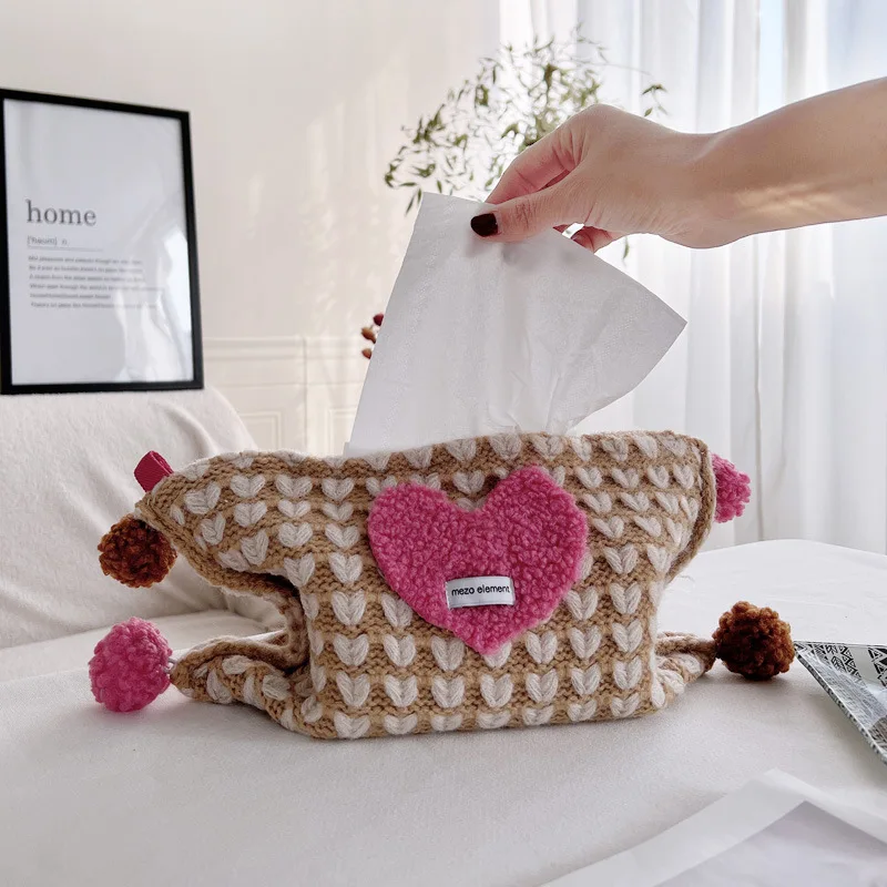 Creative New Ins Scandinavian Love Heart Knitted Tissue Bag Bedroom Living Room Tissue Box Modern Home Desktop Decoration