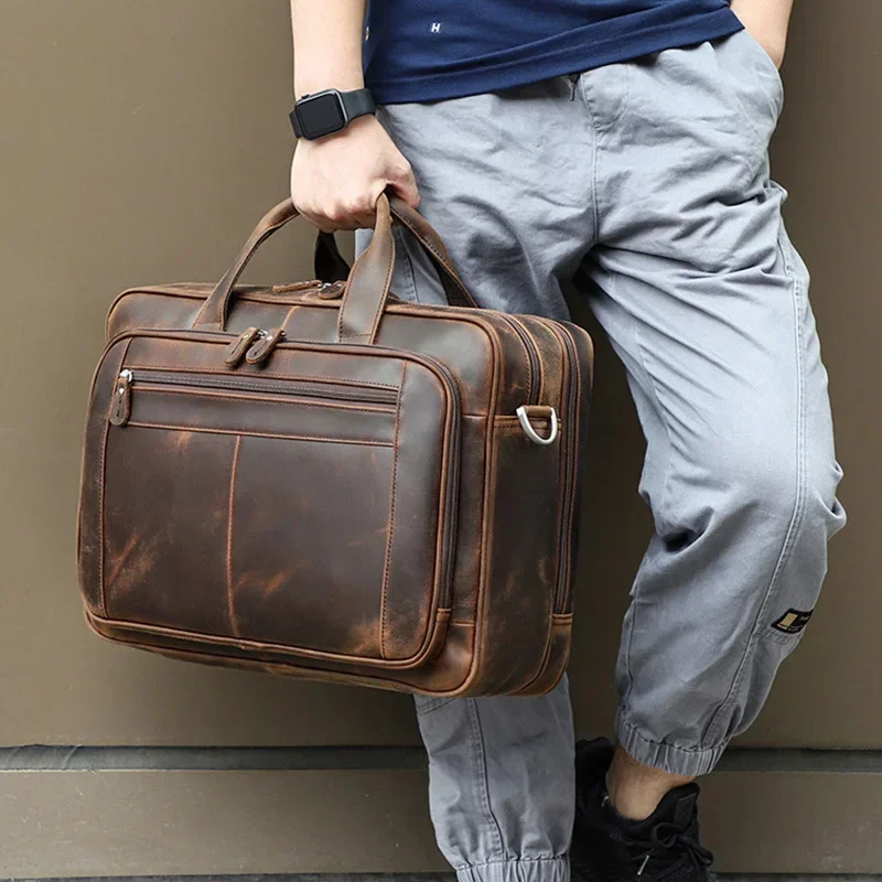 Maleta de couro genuíno para homens, bolsa de negócios, bolsa de couro, bolsas de ombro grandes, couro de cavalo louco, bolsa para laptop