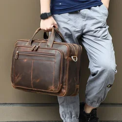 Genuine Leather Briefcase For Man Crazy Horse Leather 17 inch Laptop Business Handbag Cowhide Male Tote Big Shouler Bags