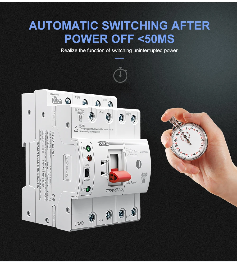 TOMZN TOQ9 Schlanker Dual-Power Automatischer Transferschalter ATS 2P 4P 230V AC 63A DIN-Schiene 50/60Hz Unterbrechungsfreier Umschalter – Detail 4