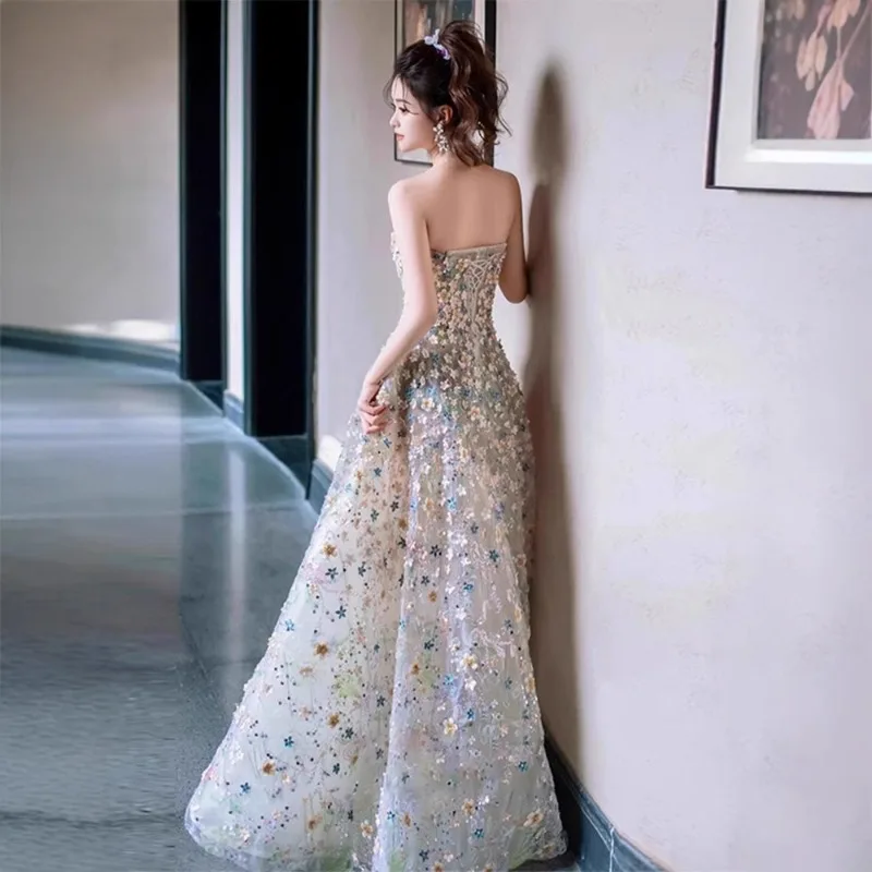 Verão feminino novo high end floral vestido de noite moda emagrecimento banquete anfitrião sen série cerimônia adulta vestido de exame de arte vocal