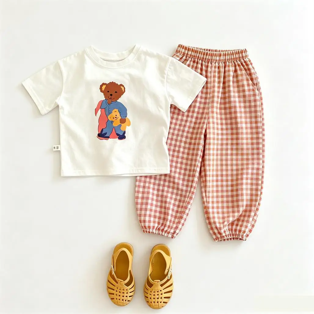 White Tees Plaid Pants Two Piece Set Summer Costume Kids New Design TShirt+Pants Round Neck Tops Loose Trousers Girls Outfits