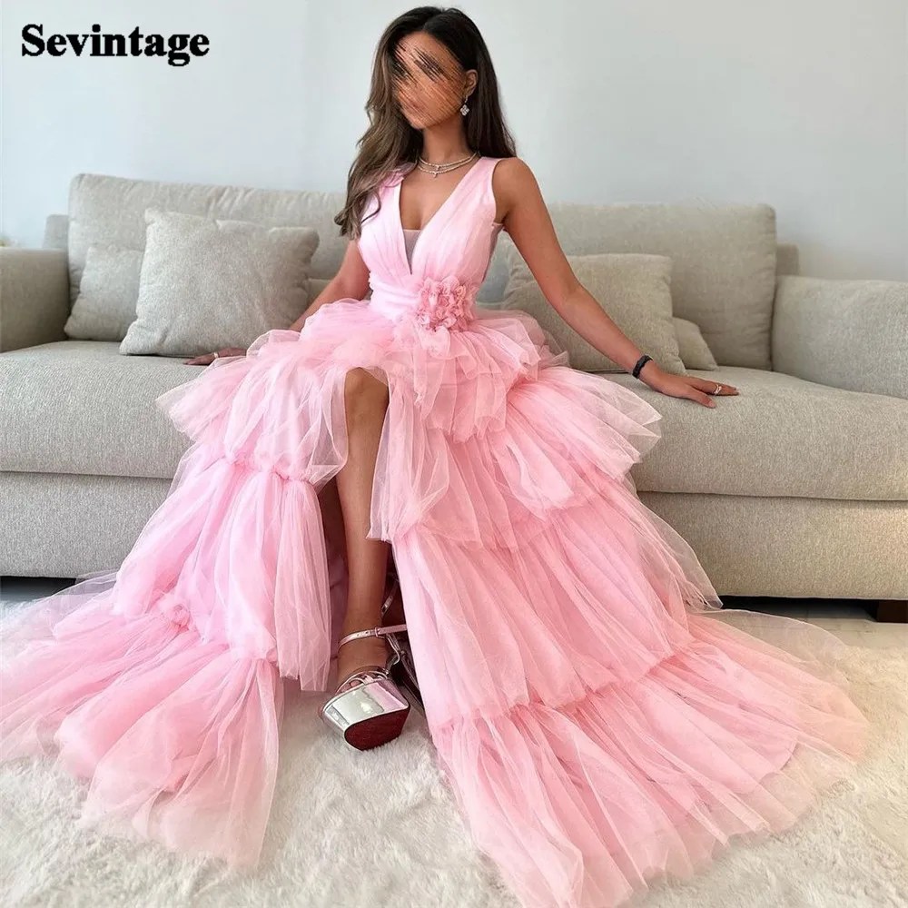 

Sevintage Elegant Pink Arabia Prom Dress V-Neck Tiered Mid Slit Floor lehgth Evening Dress vestidos para eventos especiales 2024