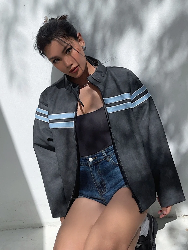 

DuanStyle Original Vintage American Large Outline PU Leather Zipper Motorcycle Jacket Cold Grey Black Women's Commute Coat