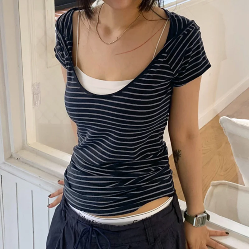 

Women Striped Crew Neck Hooded T-shirt Korean Casual Streetwear Short Sleeve Top Fashion Summer Basic Tee Outfits