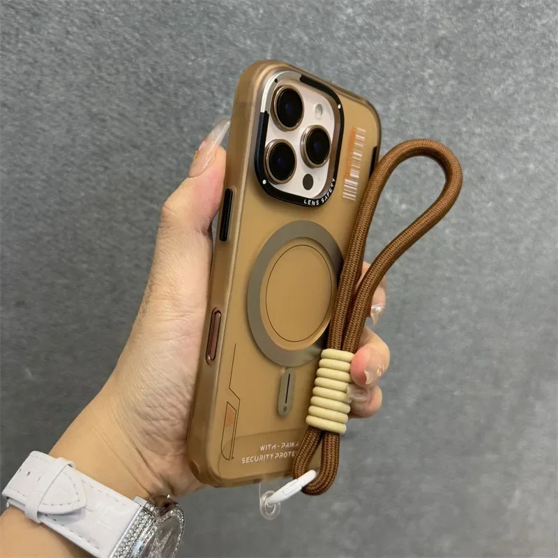 Luxury Matte Magnetic Business Magsafe Case for iPhone 16 13 14 15 Pro Max Fashion Wrist Strap Wireless Charge Shockproof Cover