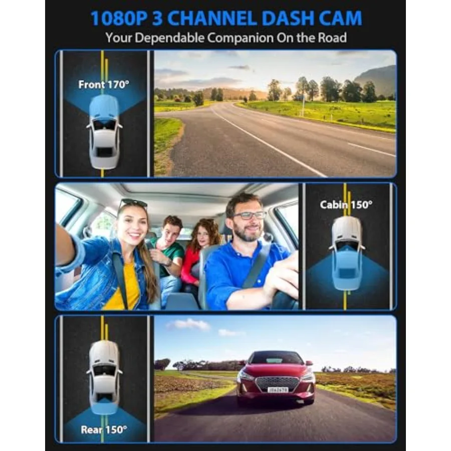 Dash Cam Front and Rear, 1080P Dash Camera for Cars, 3 Channel Car Camera Front Rear and Inside with 32GB Card, Loop Recording,