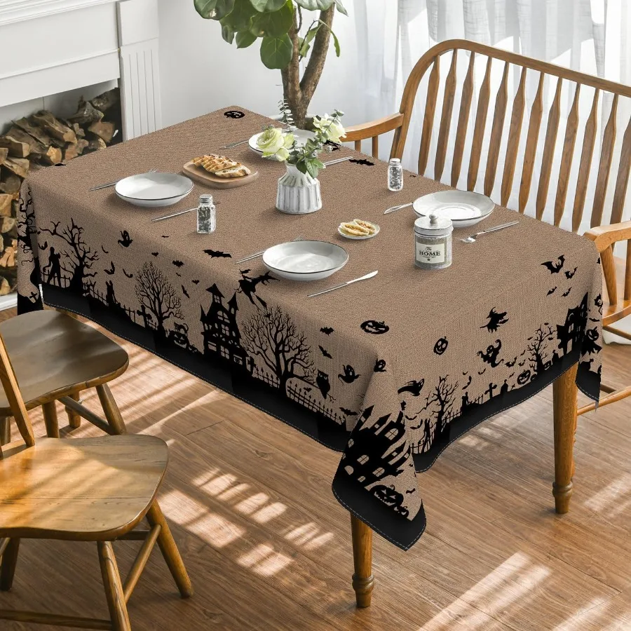 Halloween Tablecloth 60×84 Inch Rectangular Castle Tree Scary Themed Beige Washable Table Cover for Party Picnic Dinner Decor