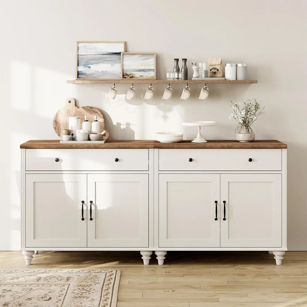 Buffet Cabinet with 4 Doors and 2 Drawers,Modern Farmhouse Sideboard Credenza for Dining Room,Off White, 68inch,Kitchen Cabinets