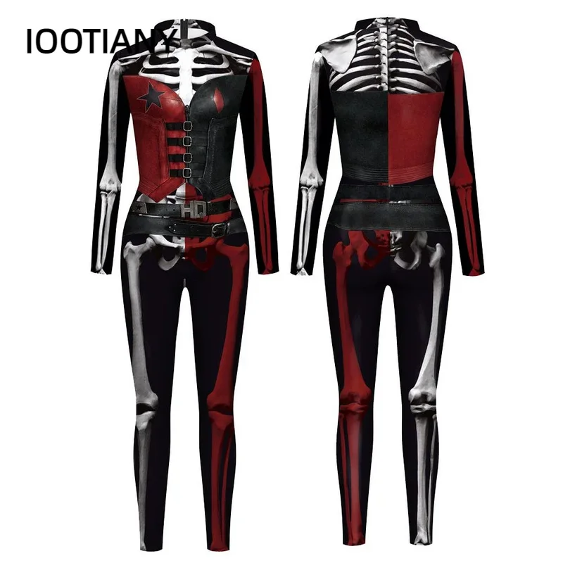 

Cosplay The Halloween Party Series Cosplay Double Color Skeleton Print Fancy Women Jumpsuit Long Sleeve New Jumpsuit