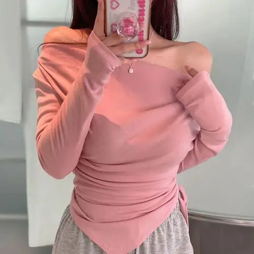 

T-Shirt Women's Long Sleeve Drawstring Waist Cinched One-Shoulder Pleated Cotton Spring Commute Style Korean Version