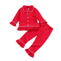 Baby Girls Pyjama Sets Cotton Long Sleeve Lapel Ruffle Hem Buttons Red Tops Pants Suit 2pcs Pjs for Toddler Girls Clothes