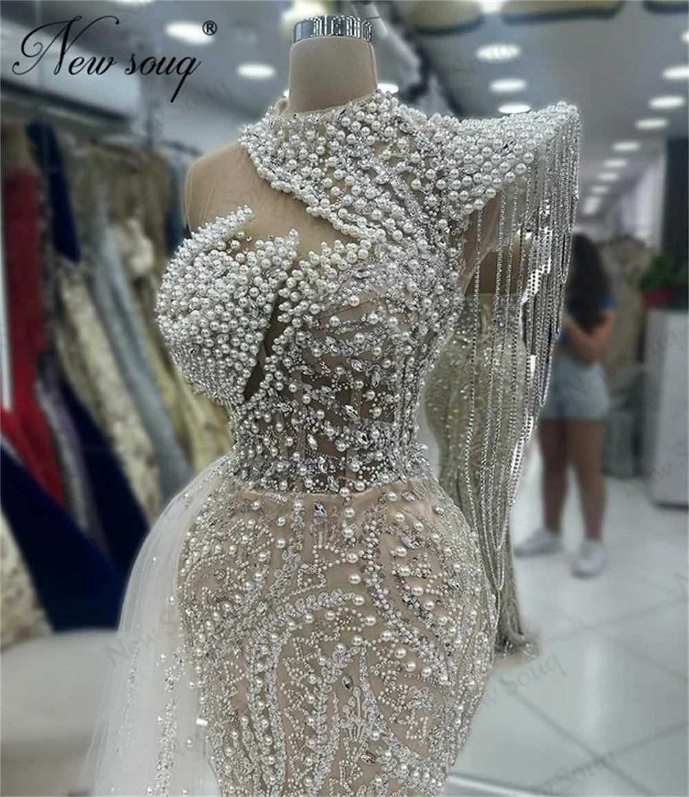 High Fashion Pearls Celebrity Dresses With Slit Train Custom Beaded Crystals Evening Dress Vestidos De Gala Cocktail Party Gowns