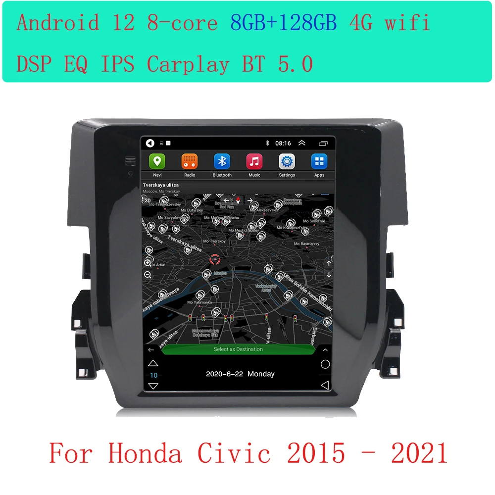 Car Radio Android 12 For Honda Civic 2015 2016 2017 2018 - 2021 Multimeda Player Bluetooth Audio Navigation Carplay Auto IPS