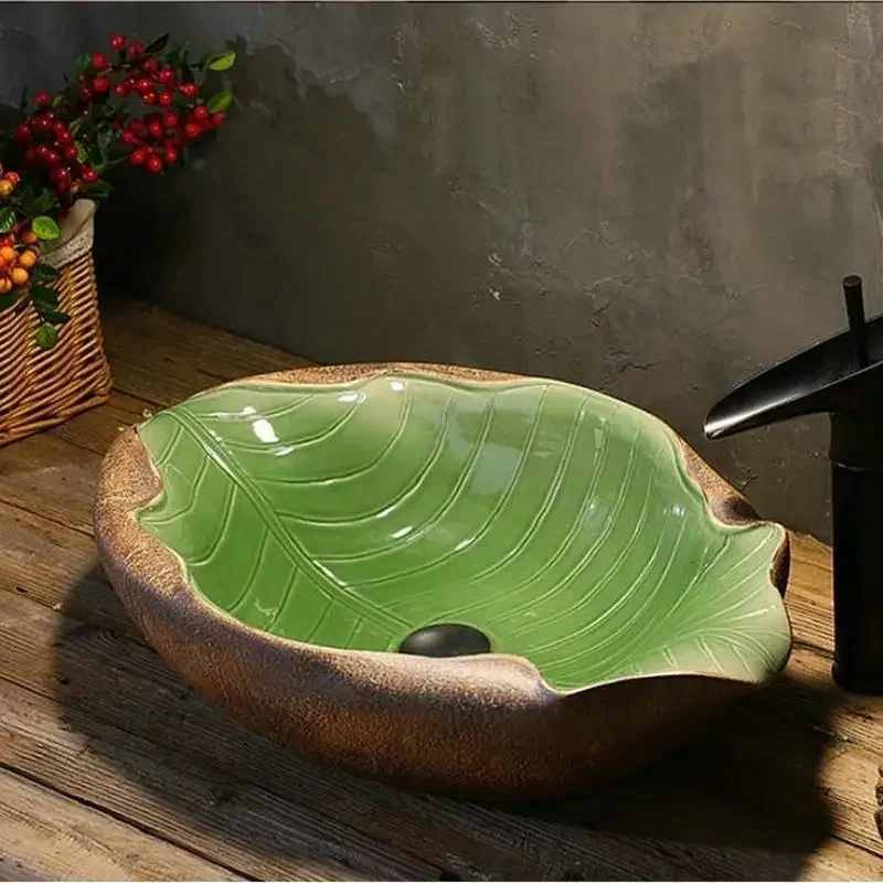 Primitive Style Handmade Irregular Ceramic Wash Basin Leaf Like Countertop Bathroom Sink