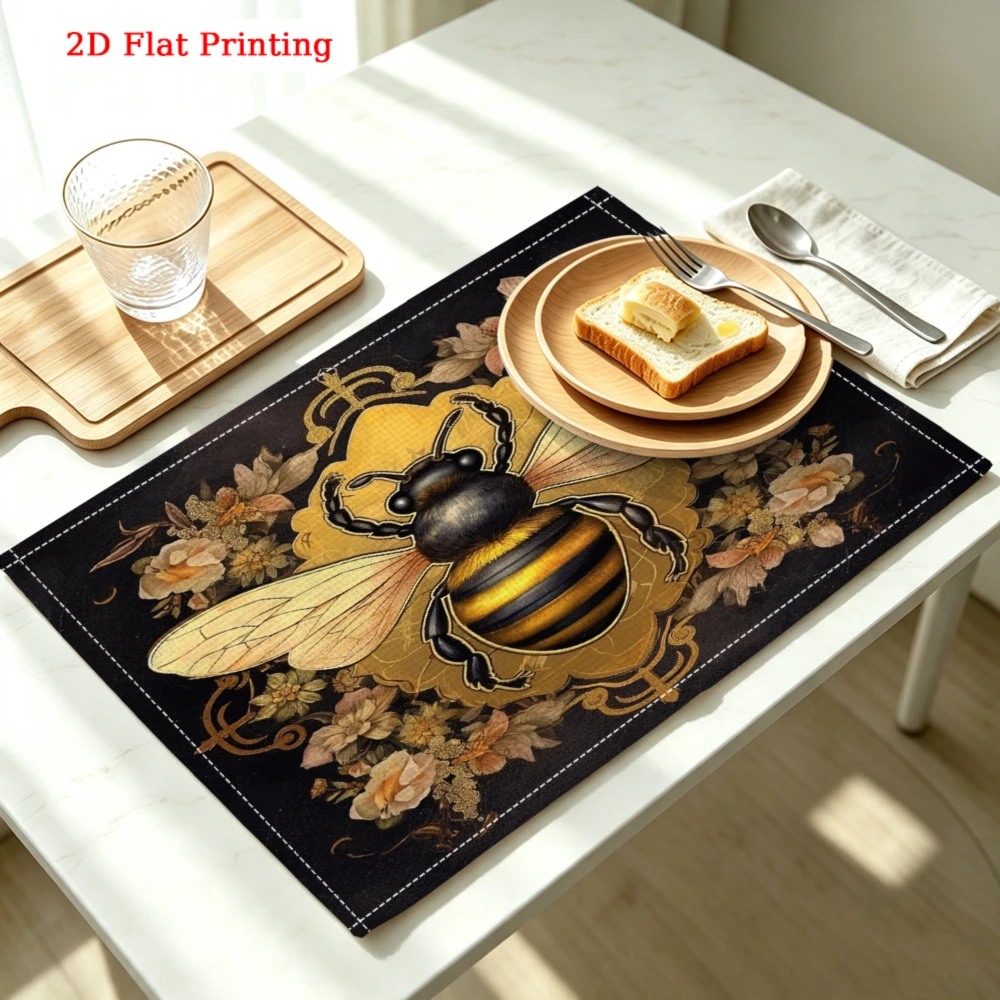 2Pcs Vintage Bee Floral Placemat Black Golden Insect Flower Table Mat Kitchen Dining Decor Protection 30X40Cm