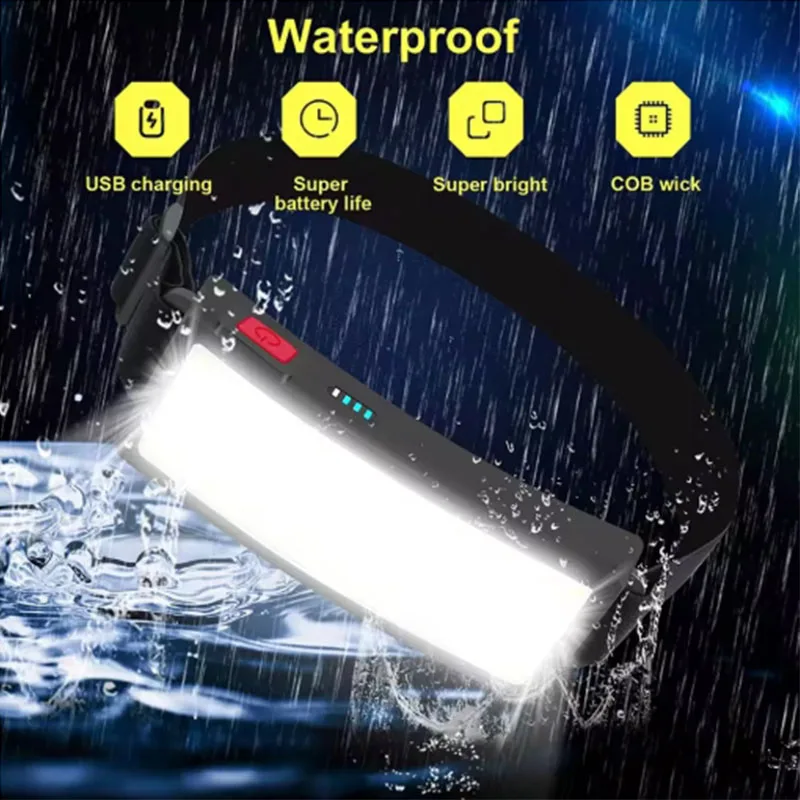 

Светодиодный налобный фонарь COB, перезаряжаемый через USB, водонепроницаемая фара со встроенной батареей для наружного кемпинга, пешего туризма, аварийного рабочего освещения