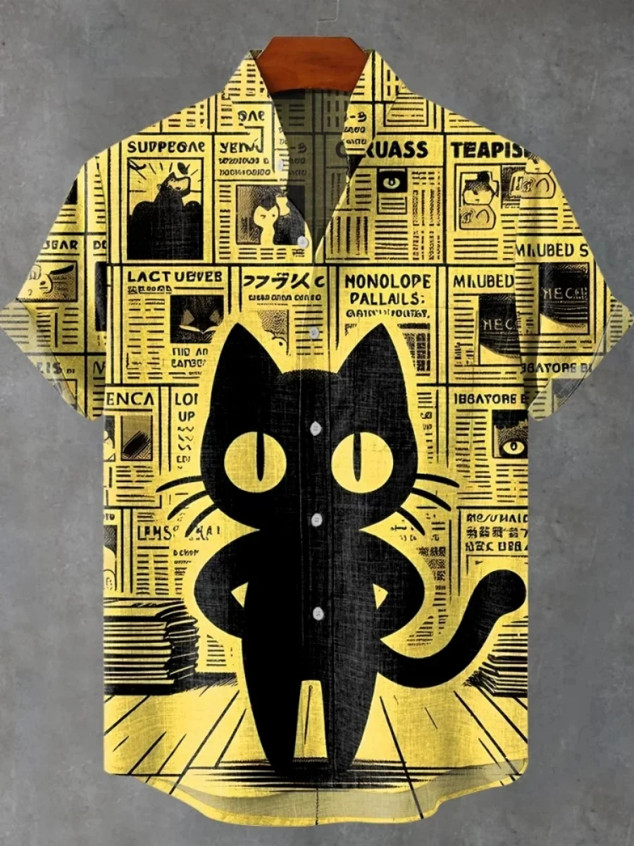 

2025 Men's casual fashion new linen shirt art printed cartoon cat pattern shirt, fashion street casual comfortable men's top