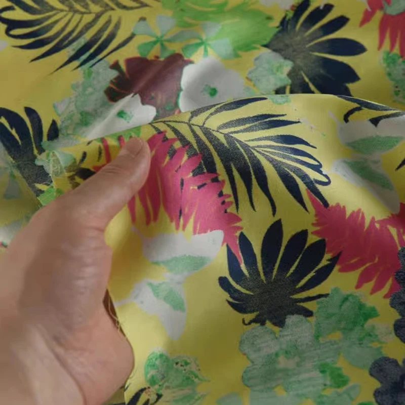 

150CM Wide 190G/M Cotton Fabric with Plants on Yellow for DIY Sewing Summer Dress Cheongsam Pants Stretch Smooth Material R607