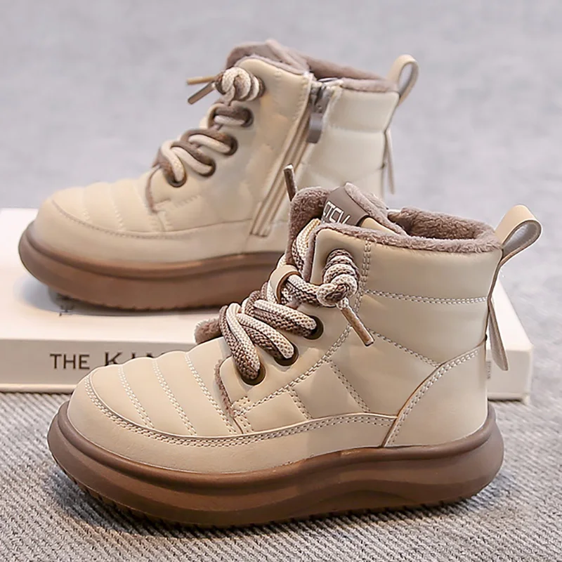 

Зимние сапоги из искусственной кожи для детей, непромокаемые детские плюшевые ботинки для подростков, толстая теплая уличная хлопковая обувь для мальчиков и девочек