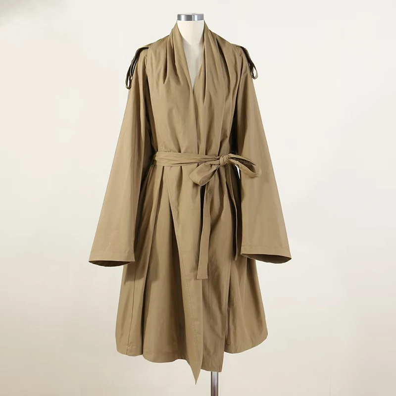 여성용 긴팔 코트, 캐주얼 레트로 핏 트렌치 코트, 타이 프론트 롱 재킷, 고급 순면, 가을, 새로운 스타일,
