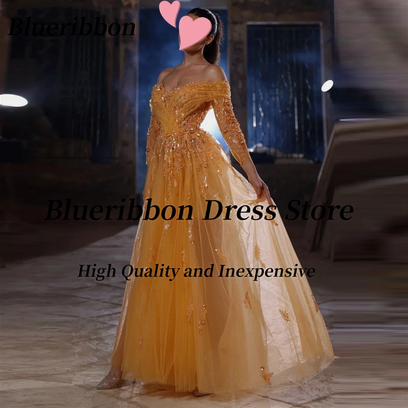 Blueribbon Ladies Wear Prom Dresses Bead Sequins Long Sleeves Luxury Evening Party Dress Floor Length Tulle Formal Gowns