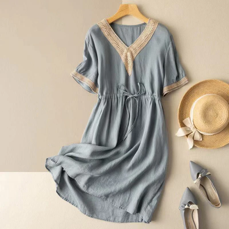 Fashion V-Neck Spliced Embroidery Shirring Bandage Midi Dress Women's Clothing 2025 Summer New Loose Korean Short Sleeve Dress