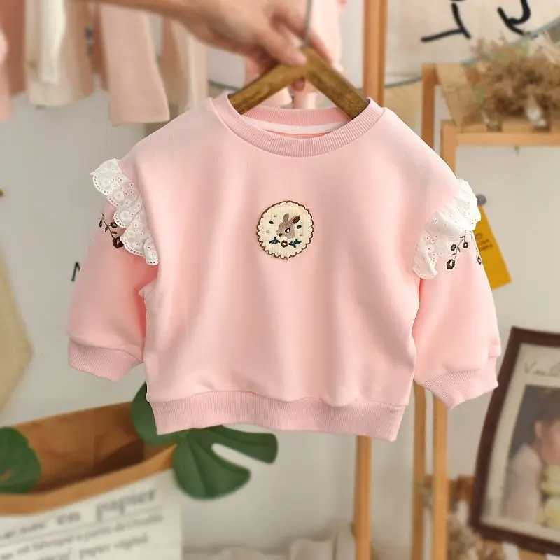 Autumn Girl Bear Embroidered Sweatshirts 1-6Y Kids Clothes Ruffle Sleeve Cute Casual Soft Cotton Infant Daily Wear Top