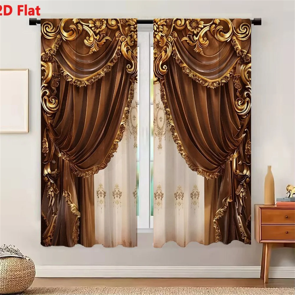 2Pcs Curtains Luxurious Baroque Style Brown Drapes With Gold Trim And Sheer Curtains For Grand Interior Design Window Drapes for